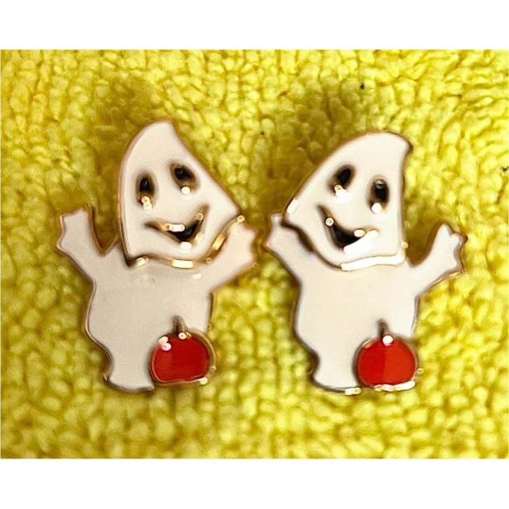 HALLOWEEN EARRINGS Enamel Jiggle Ghosts with Pumpkins